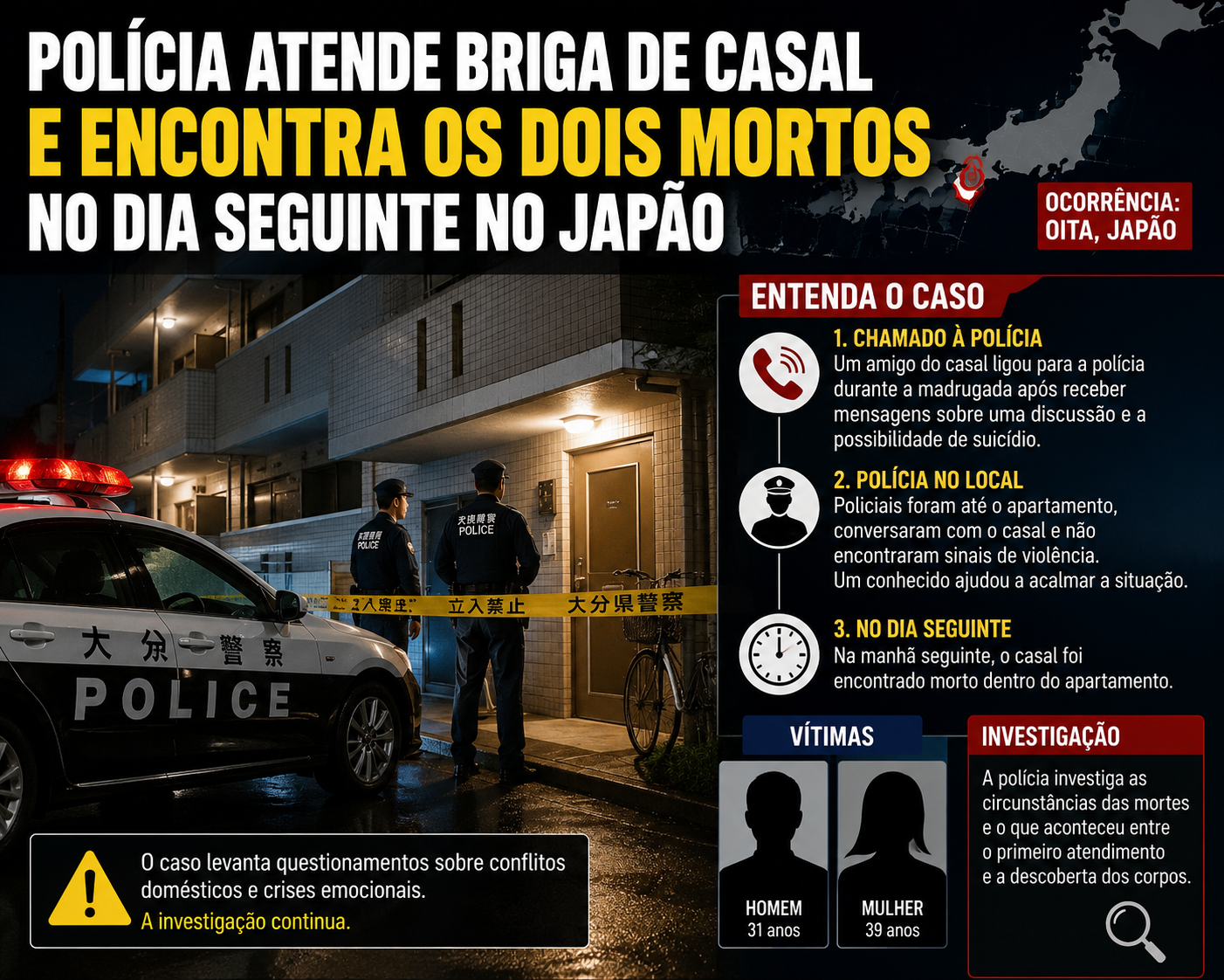 Polícia atende ocorrência de briga entre casal e encontra os dois mortos no dia seguinte no Japão