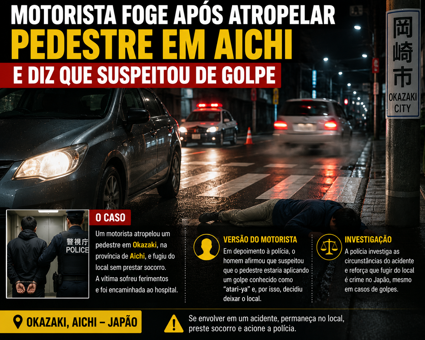 Motorista é preso após fugir de atropelamento em Aichi e alegar que temia ser vítima de golpe