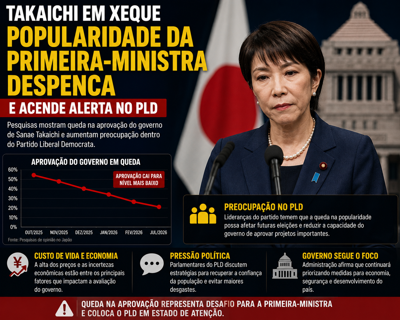 Popularidade da premiê Sanae Takaichi recua e aumenta pressão dentro do Partido Liberal Democrata