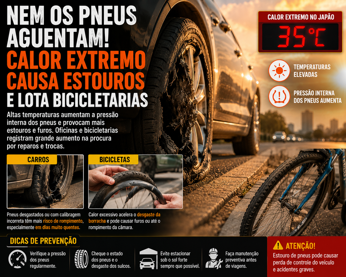 Calor extremo provoca estouro de pneus e aumenta procura por consertos de bicicletas no Japão