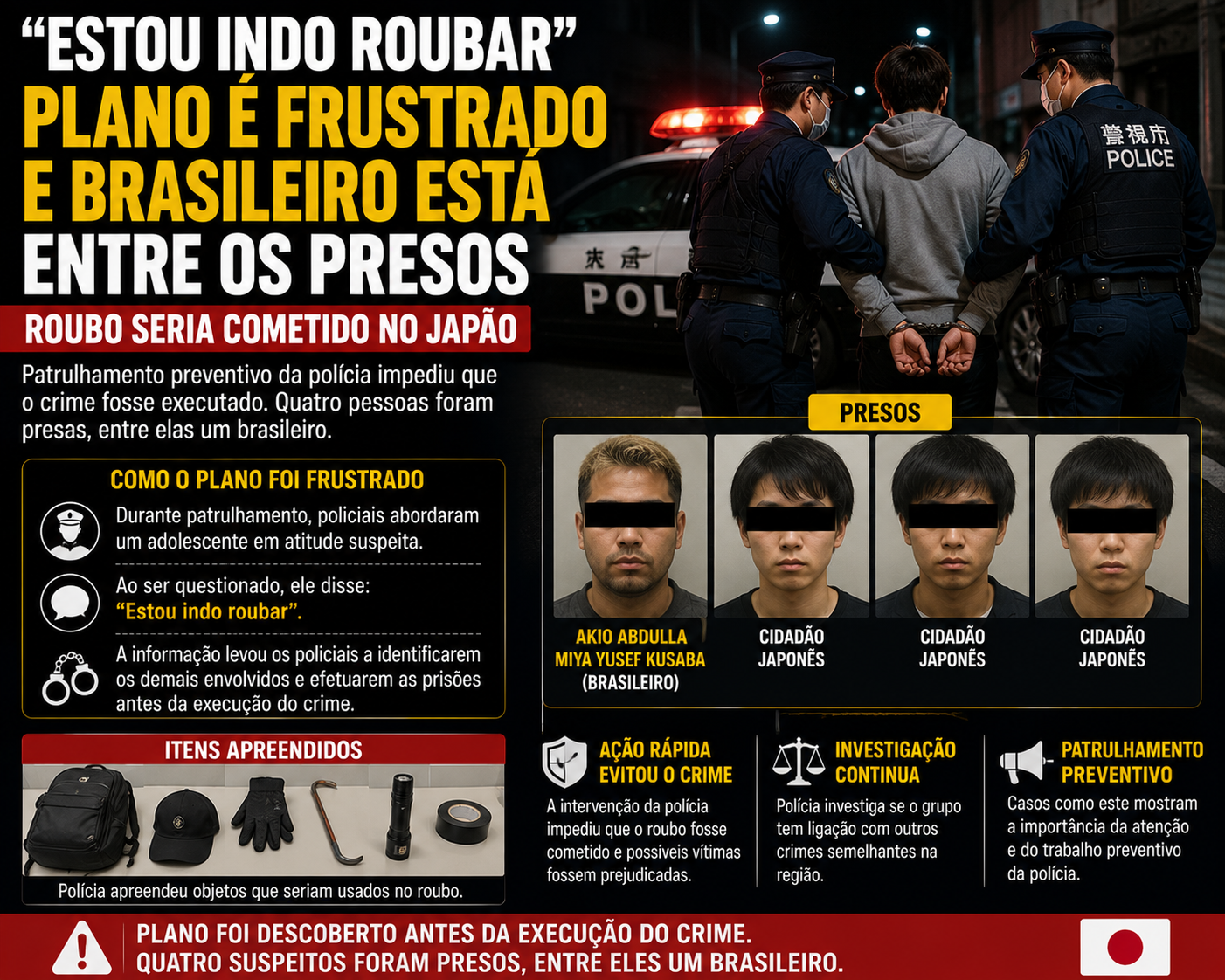 Brasileiro está entre os presos após plano de roubo ser descoberto antes da execução no Japão