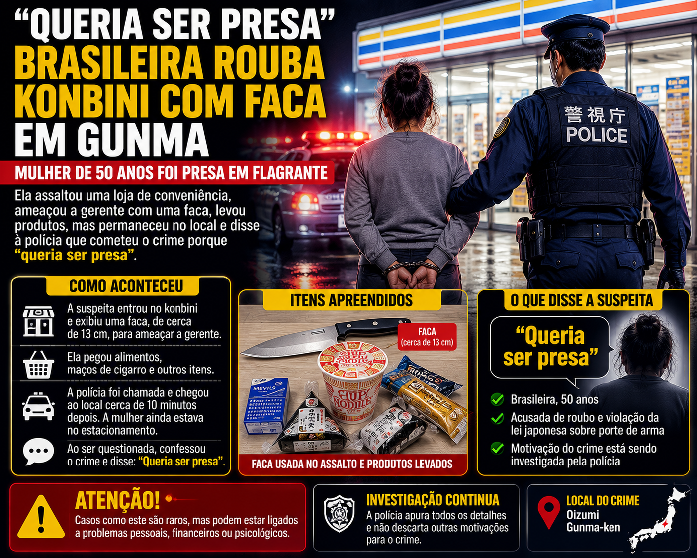 Brasileira é presa após assaltar loja de conveniência em Gunma e dizer que queria ser detida