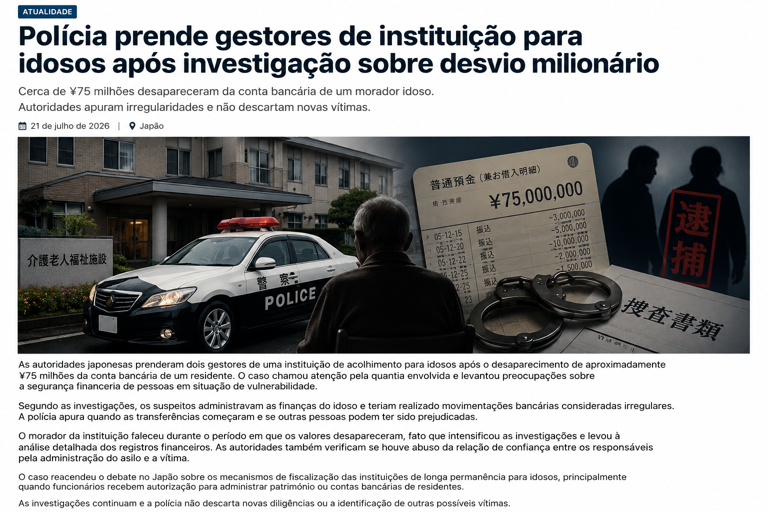 Polícia prende gestores de instituição para idosos após investigação sobre desvio milionário no Japão